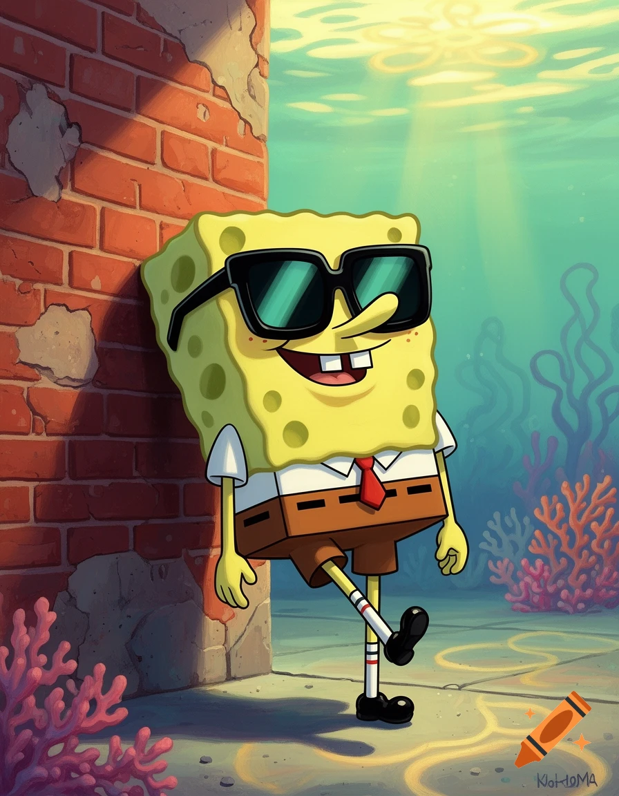 SpongeBob SquarePants with black sunglasses, smirking and leaning against a brick wall underwater on one foot.