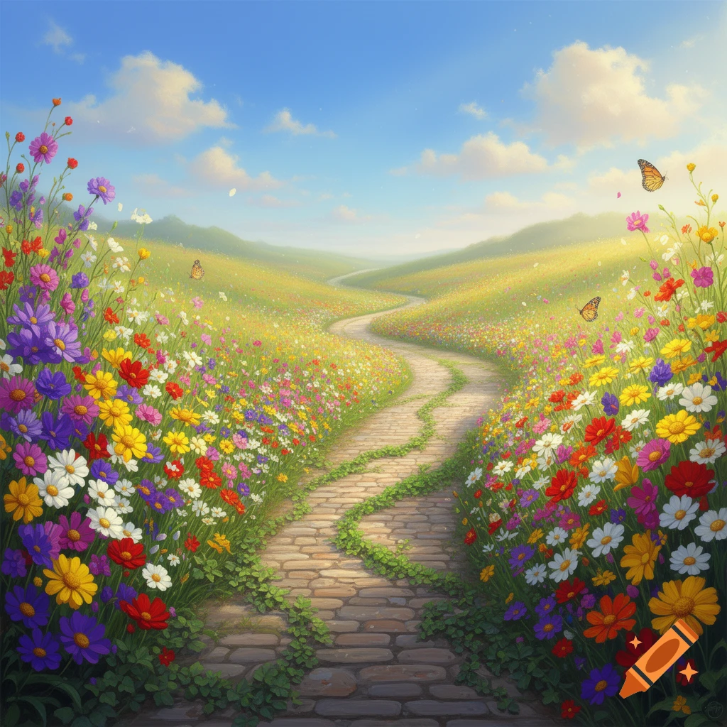 A winding stone path leads through a vibrant field of colorful ...