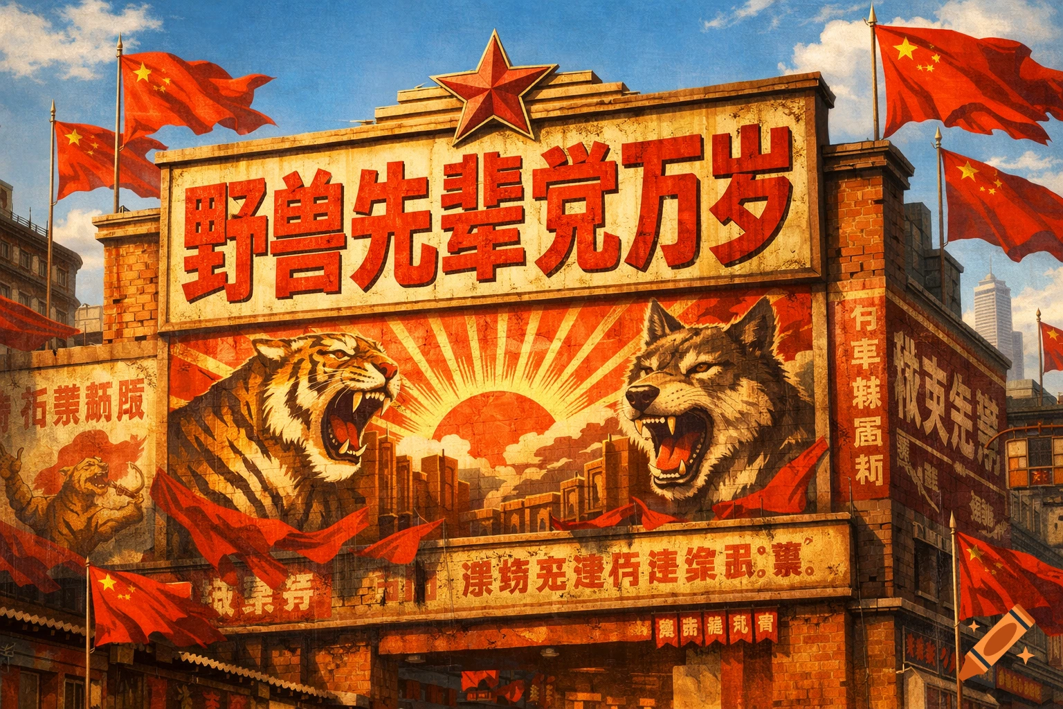 Vintage propaganda poster featuring a roaring tiger and wolf, a rising sun, a city skyline, and numerous Chinese flags.