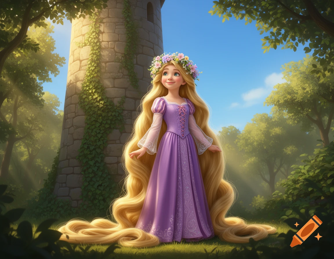 An animated Rapunzel with long golden hair and a flower crown stands in a sunny forest next to a stone tower.