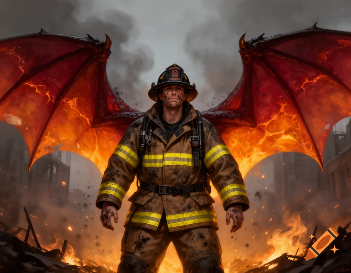 Firefighter with fiery dragon wings stands amidst a burning, destroyed city, dark fantasy art.