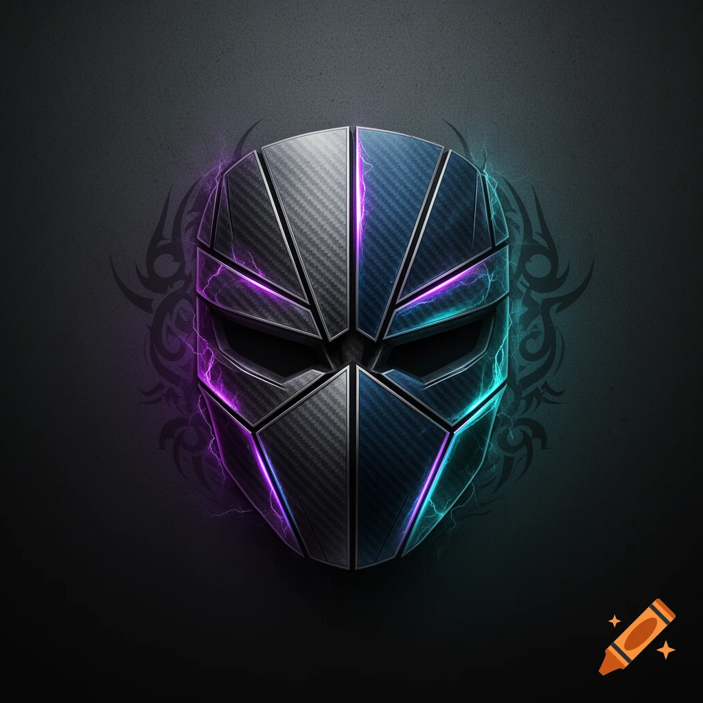 A stylized futuristic mask with carbon fiber texture and blue and purple neon lights, against a dark background with tribal patterns.
