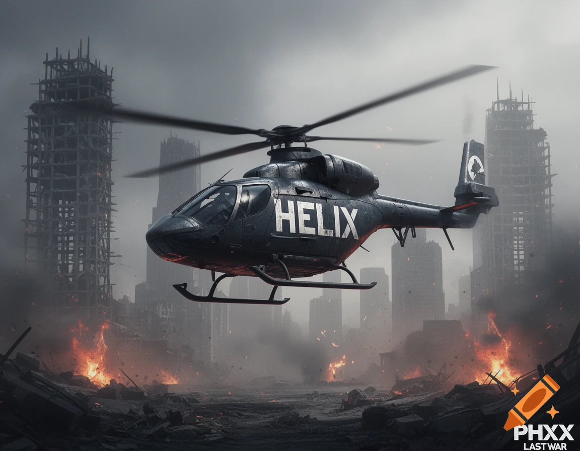 A dark military helicopter with 'HELIX' on its side flies over a burning, ruined city under a cloudy sky.