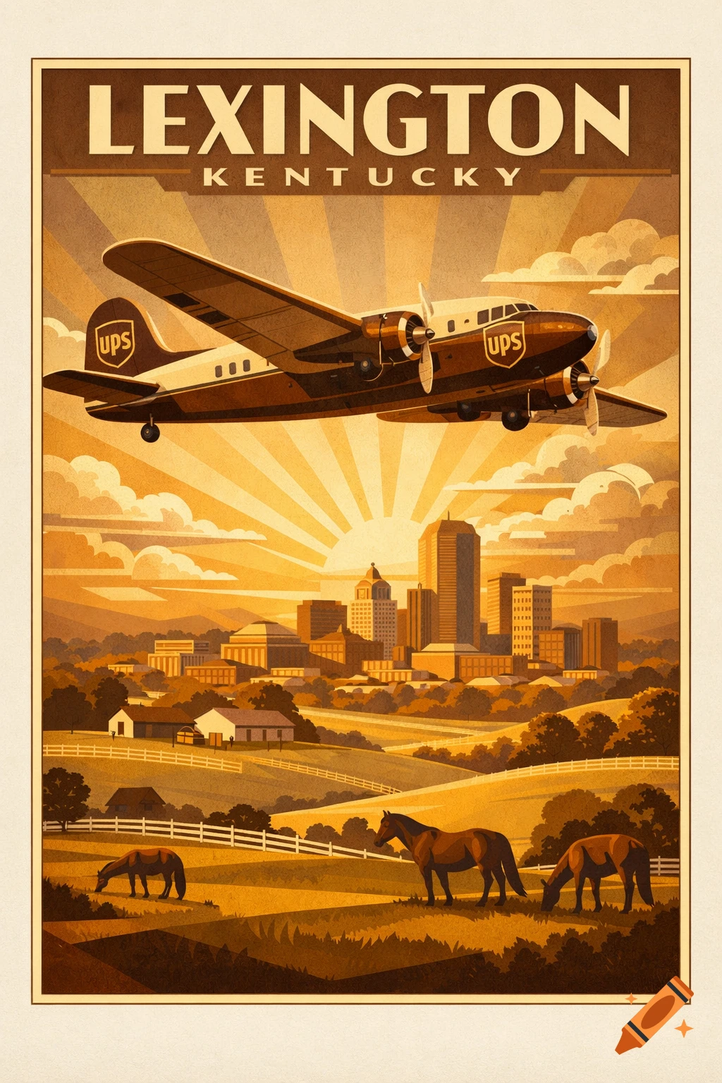 An Art Deco travel poster shows a vintage UPS plane flying over Lexington, Kentucky, with its skyline in the distance and horse farms in the foreground.