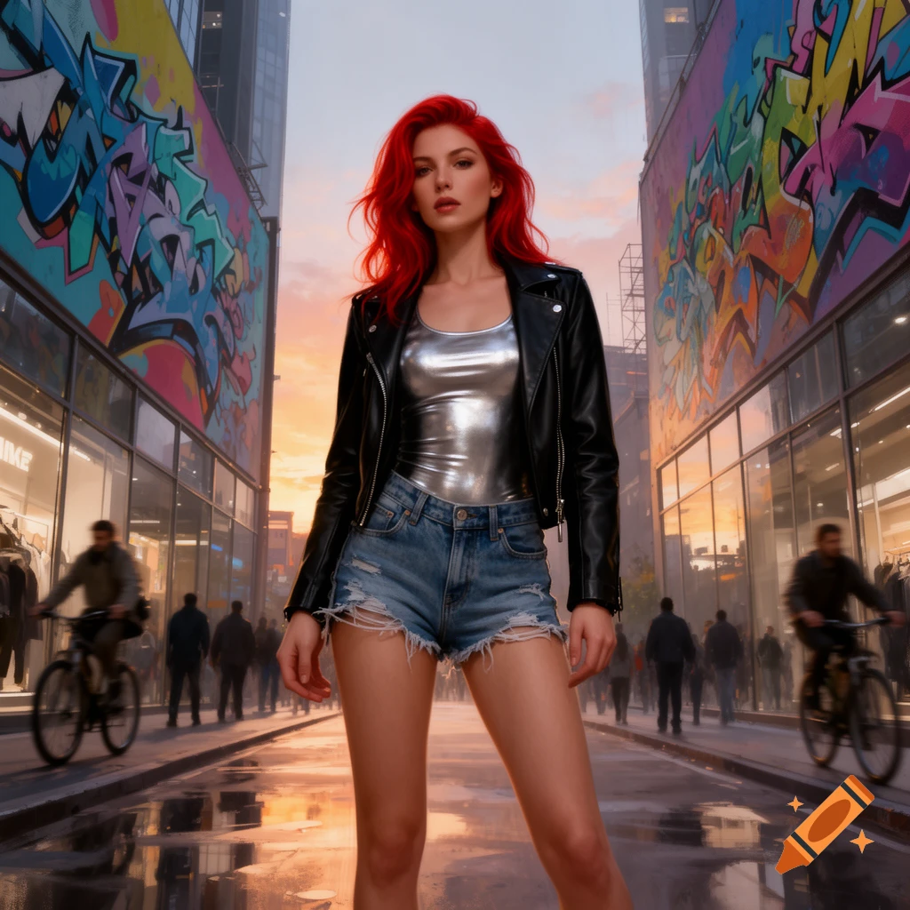 A woman with red hair in a black leather jacket and ripped denim shorts ...