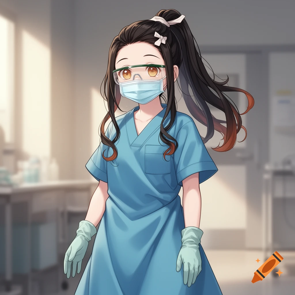 Anime female character in blue medical scrubs, surgical mask, safety glasses, and gloves, with dark hair in a ponytail.