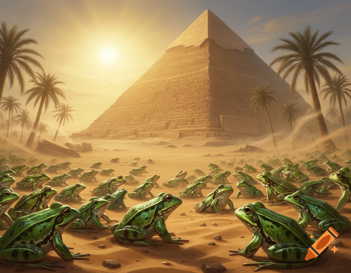 A vast swarm of green frogs gathers in a sandy desert before a large Egyptian pyramid and palm trees under a bright sun.