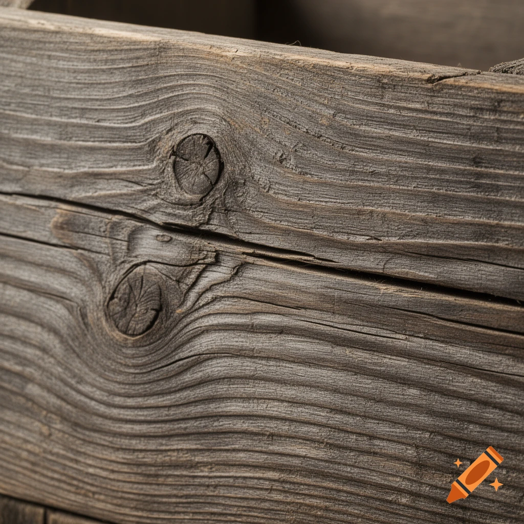 Close-up of weathered, rustic wood grain with two prominent knots and a central crack, in muted gray and brown tones.