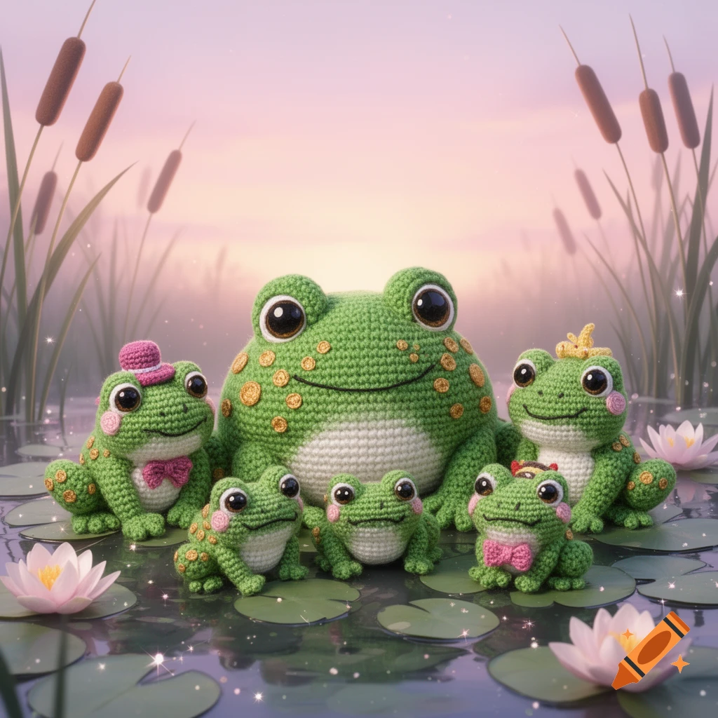 A family of green crochet frogs and tadpoles on lily pads in a pond, with pink water lilies and cattails under a pastel sunset.