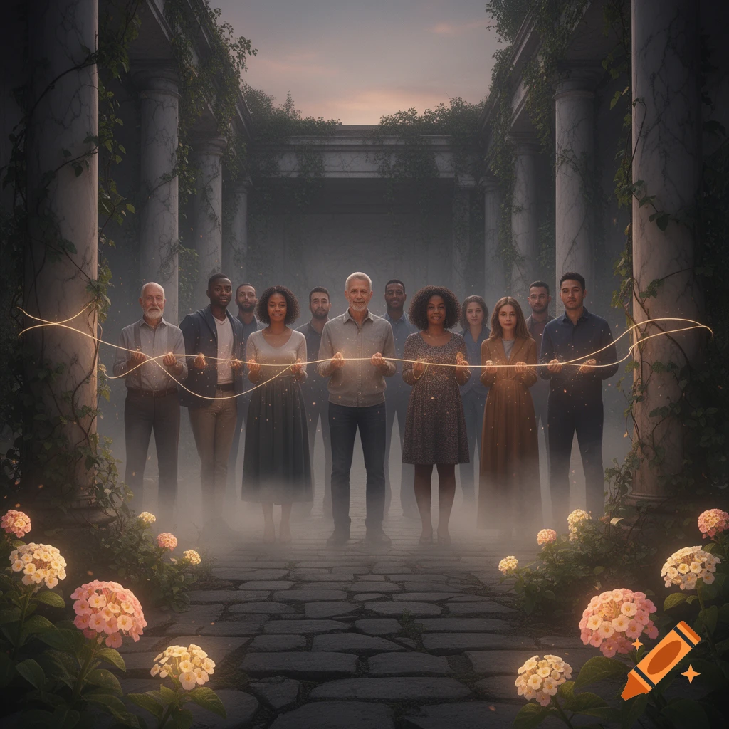 A diverse group holds a glowing string in misty, overgrown ancient ruins, with flowers in the foreground, in a mystical, photorealistic style.