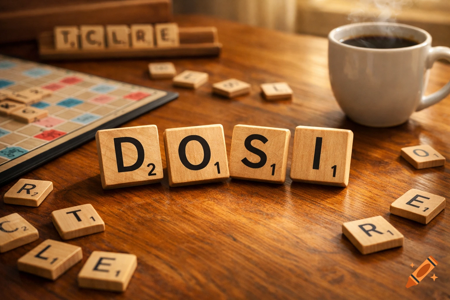 Scrabble tiles spelling 'DOSI' on a wooden table, with a Scrabble board, other letters, and a steaming cup of coffee nearby.