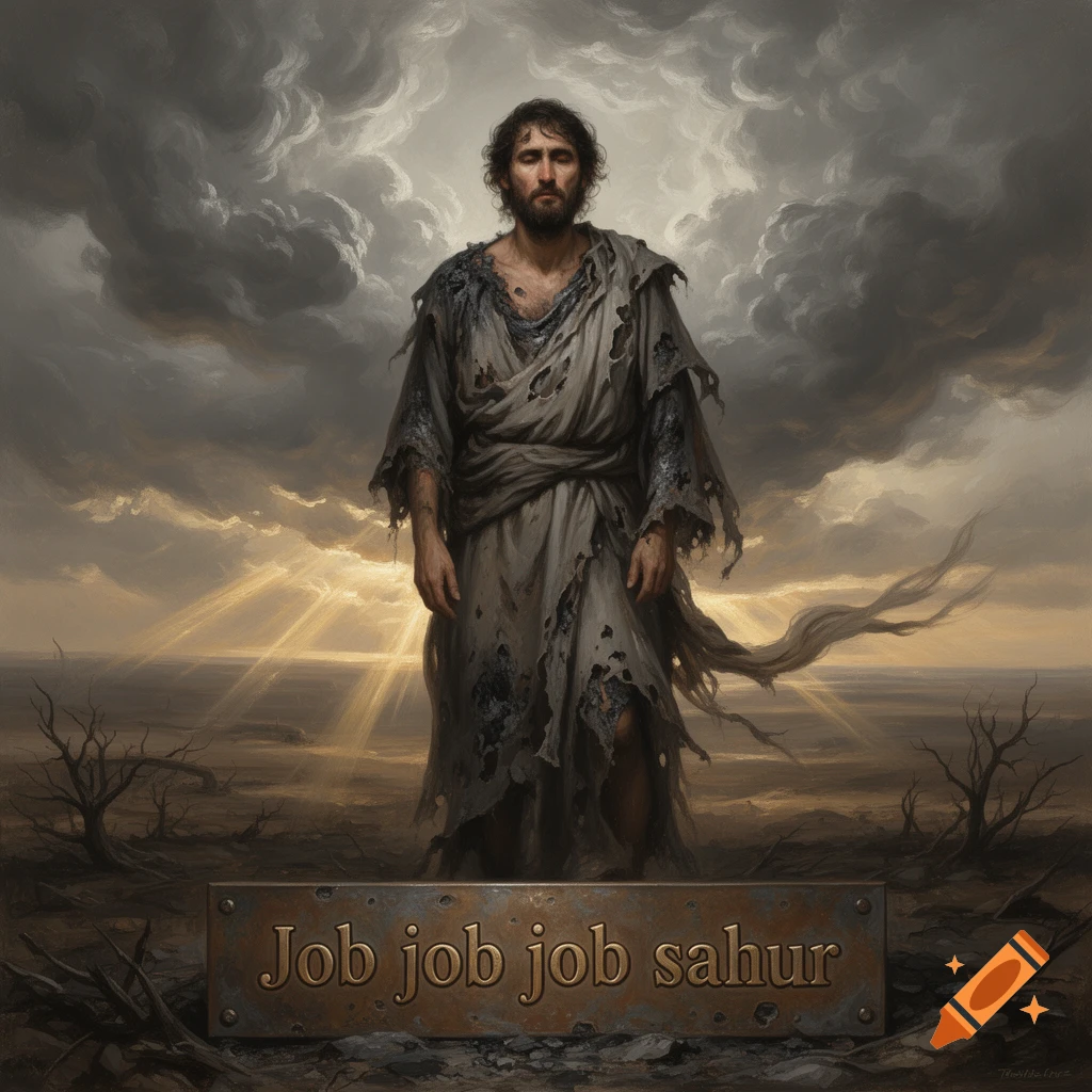 A figure in tattered robes stands in a desolate landscape under stormy skies, sunlight breaking through. A sign reads 'Job job job sahur'.