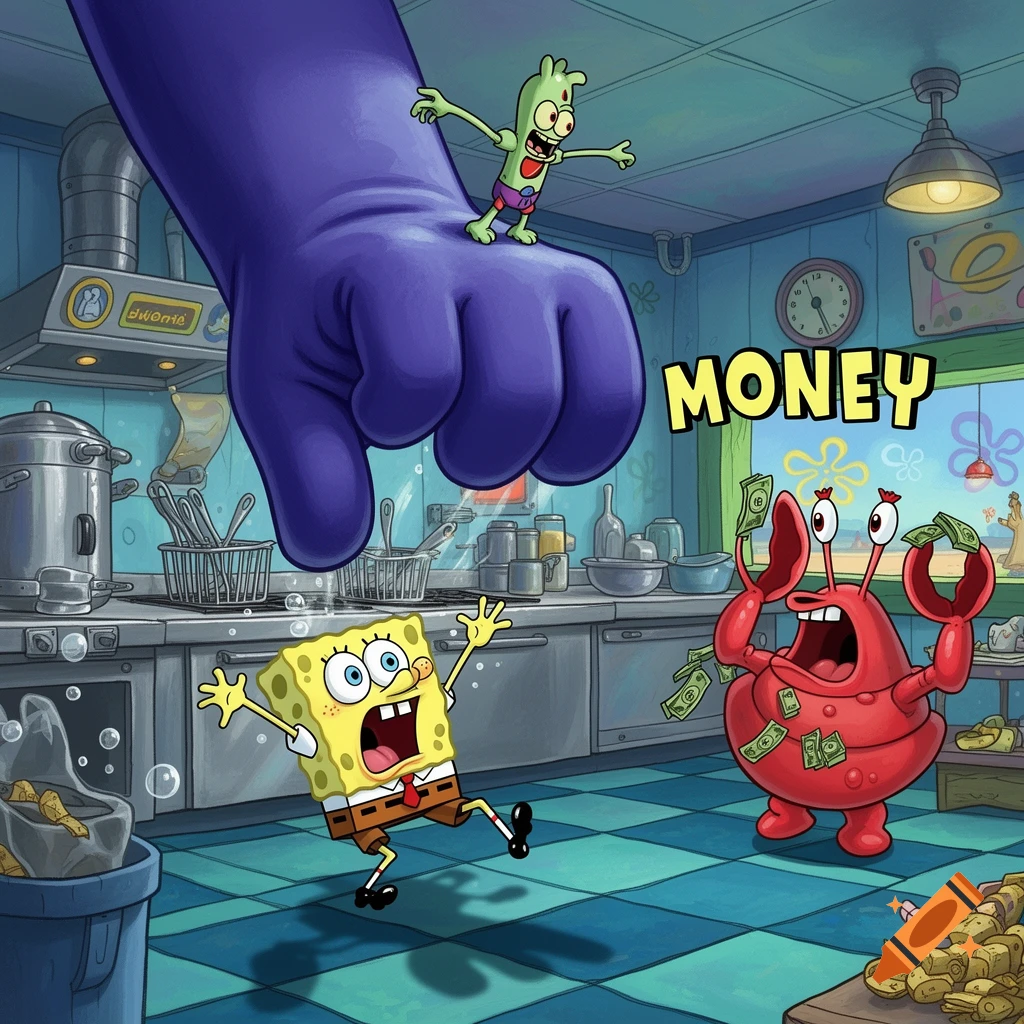 SpongeBob SquarePants running from a giant purple glove with Plankton, as Mr. Krabs shouts 'MONEY' while holding cash in a kitchen.