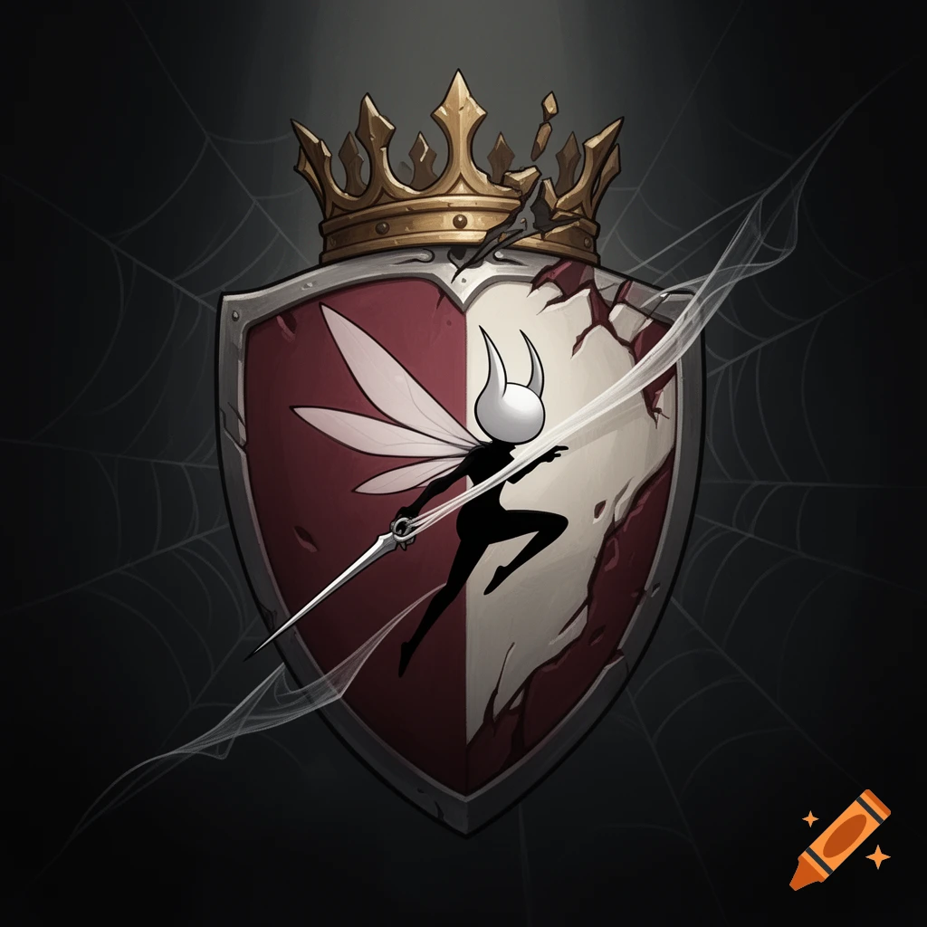 A stylized emblem featuring a white-faced, winged, black silhouette character on a red and ivory shield, topped with a broken golden crown, with subtle spider webs in the background.