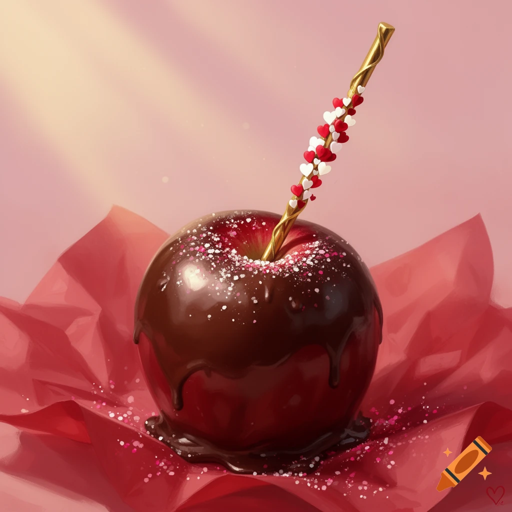 A shiny red chocolate-covered apple with white and red heart sprinkles and a golden stick adorned with tiny red and white hearts, sitting on pink paper.