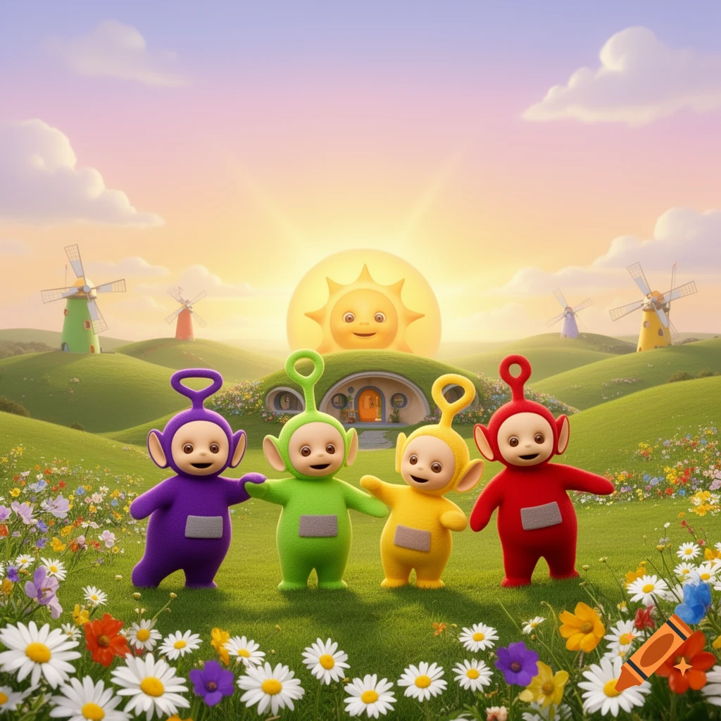 Four colorful Teletubbies stand hand-in-hand in a vibrant, flowery green landscape with windmills, a round house, and a smiling baby sun.