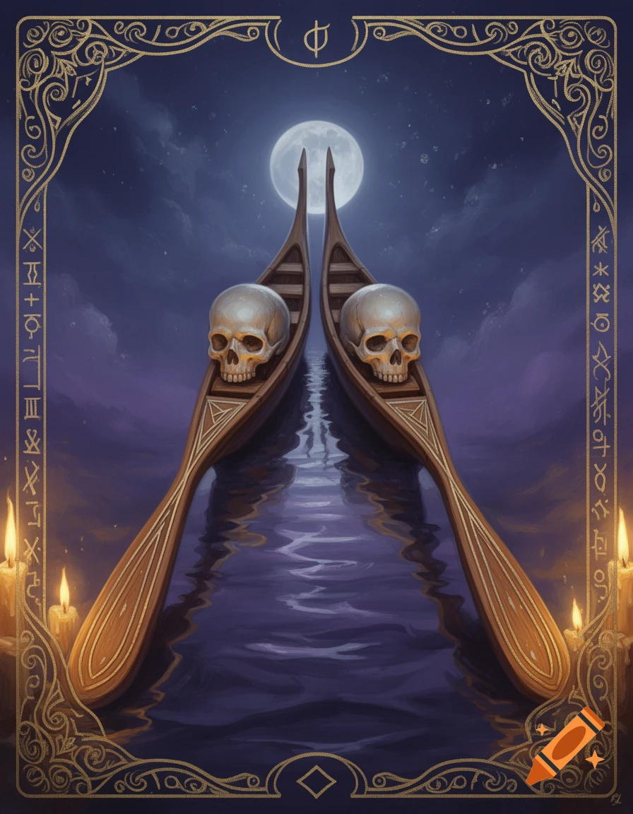 Illustrated fantasy image of two skulls in gondola-like boats on moonlit water, framed by ornate gothic borders and candles.