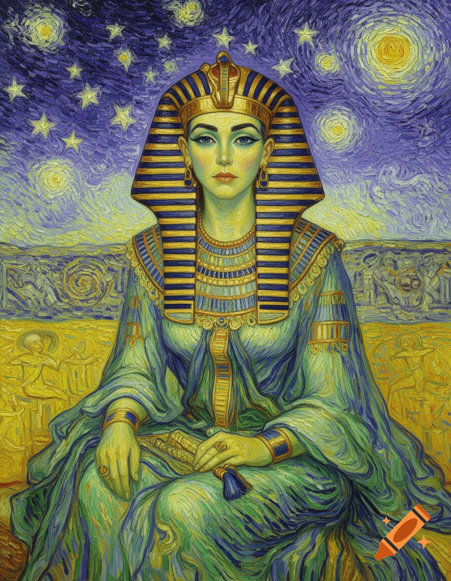 Van Gogh-style painting of Queen Cleopatra in Egyptian regalia, seated against a starry, textured background.