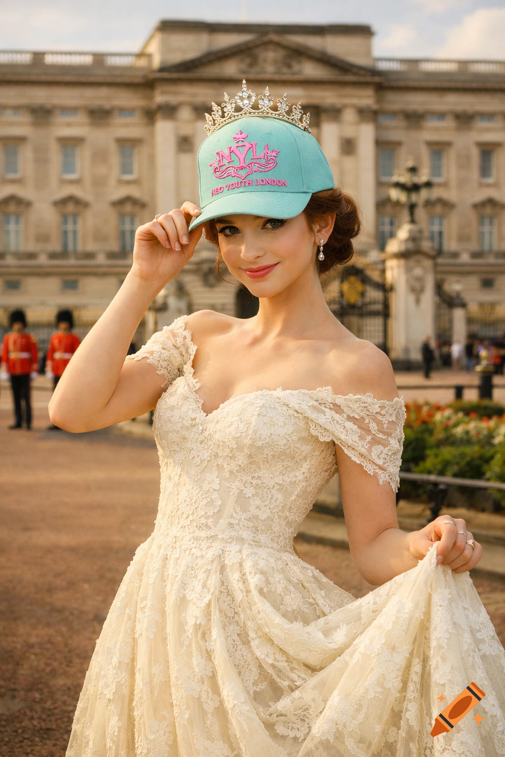 A young woman in an off-shoulder lace gown and a mint baseball cap with a tiara adjusts her cap in front of Buckingham Palace, with palace guards in the background. Fashion editorial style.