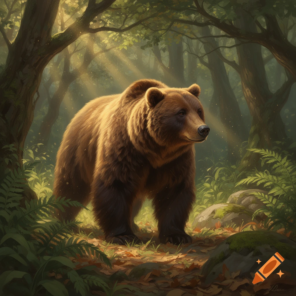 A majestic brown bear stands in a sunlit forest, surrounded by trees ...