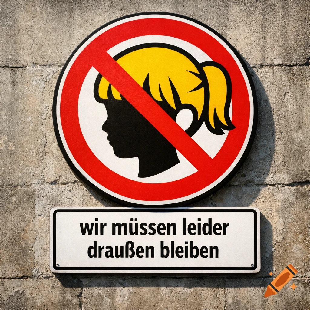 A round prohibition sign with a crossed-out blonde girl's head silhouette, above a sign with German text "wir müssen leider draußen bleiben" on a concrete wall.