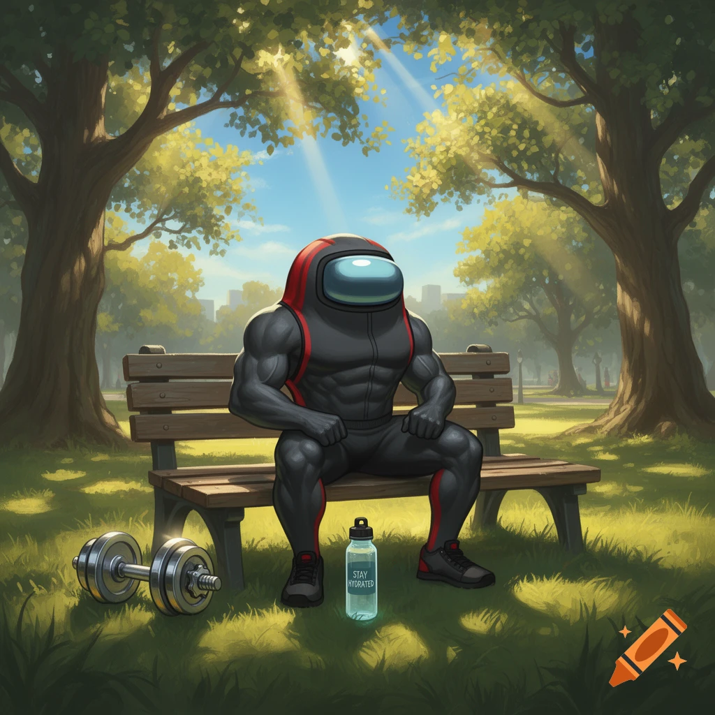 A muscular Among Us crewmate in gym attire sits on a park bench with a dumbbell and water bottle. Cartoon style.