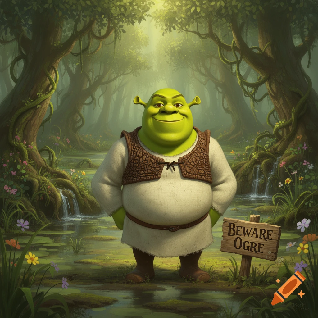 Shrek stands in a lush green swamp with trees and small waterfalls, a wooden sign reads 'BEWARE OGRE'.