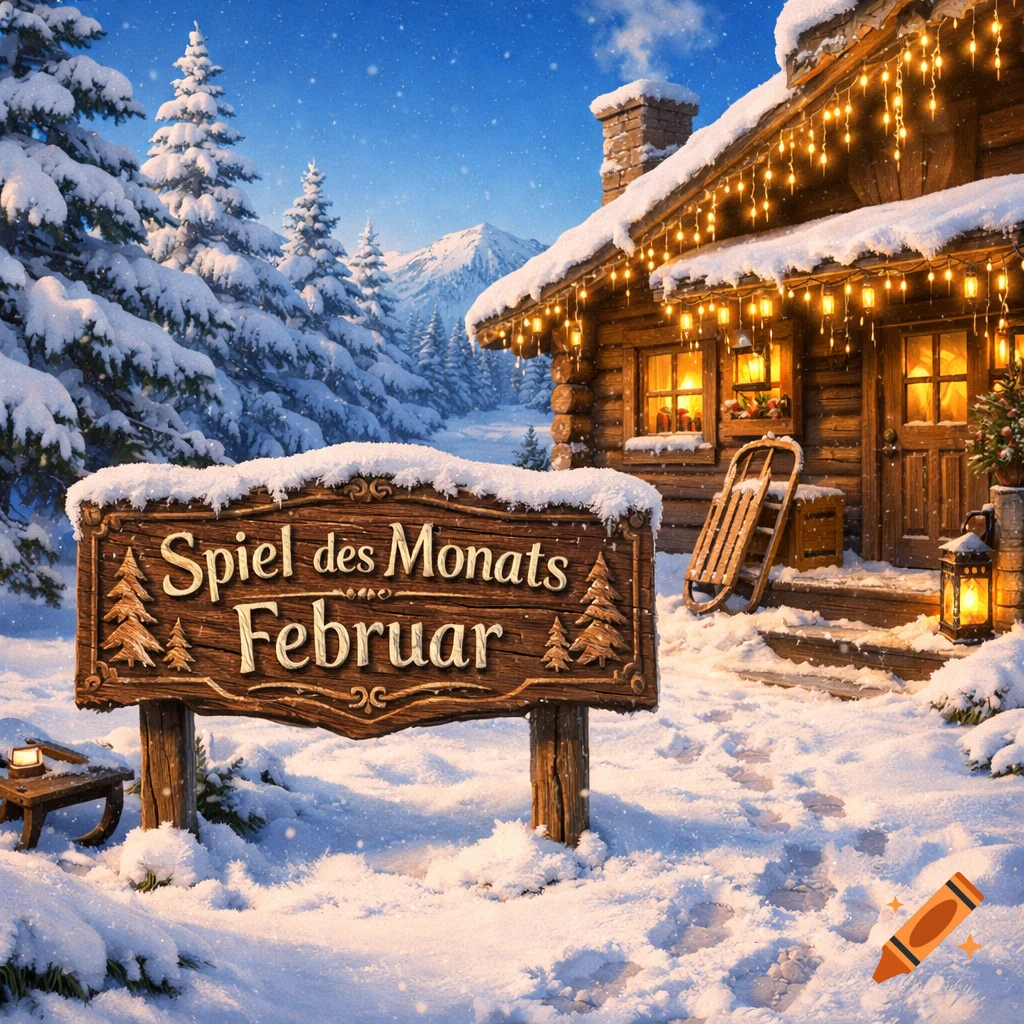 A cozy, snow-covered wooden cabin adorned with festive lights in a winter forest, with a sign reading 'Spiel des Monats Februar' in the foreground.