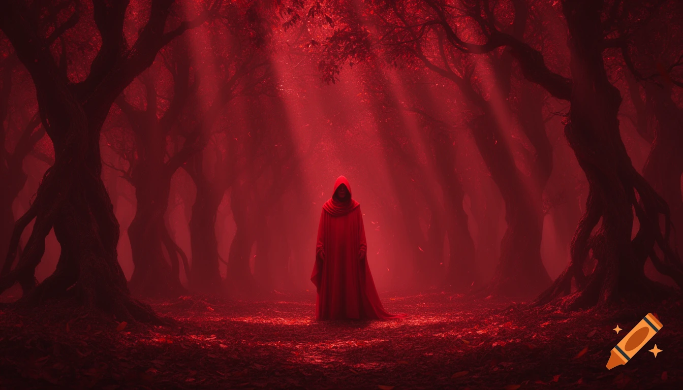 A mysterious cloaked figure stands in a vibrant red, eerie forest with ...