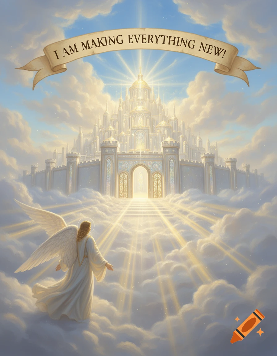 An angel with white wings faces a glowing heavenly city on a path of light, with a banner reading 'I AM MAKING EVERYTHING NEW!' in the sky.