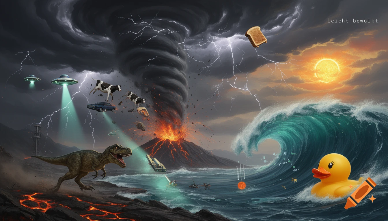 A chaotic, apocalyptic scene with a volcano, tornado, lightning, tsunami, UFOs, T-Rex, flying cows, and a rubber duck. Text reads 'leicht bewölkt'.