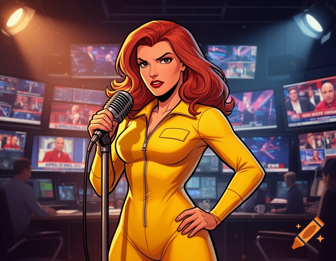 A woman with red hair in a yellow jumpsuit holds a microphone in a comic book art style, standing in a news control room with many screens.