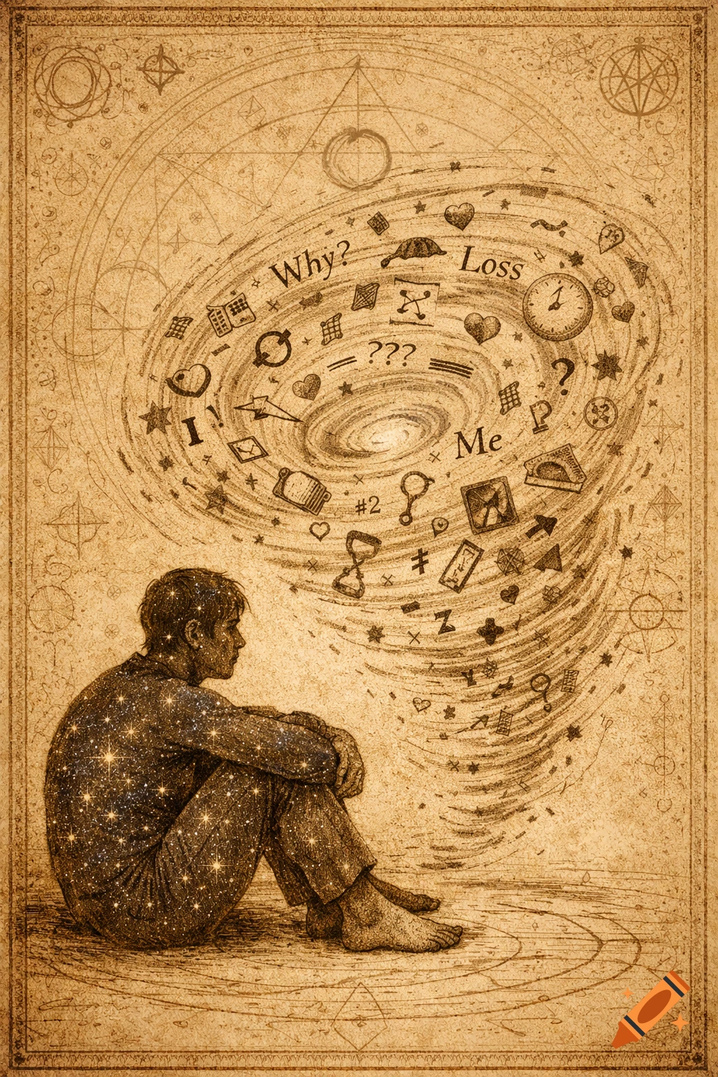 Symbolic illustration of a person sitting, surrounded by a swirling vortex of words and symbols, in a vintage, spiritual style.