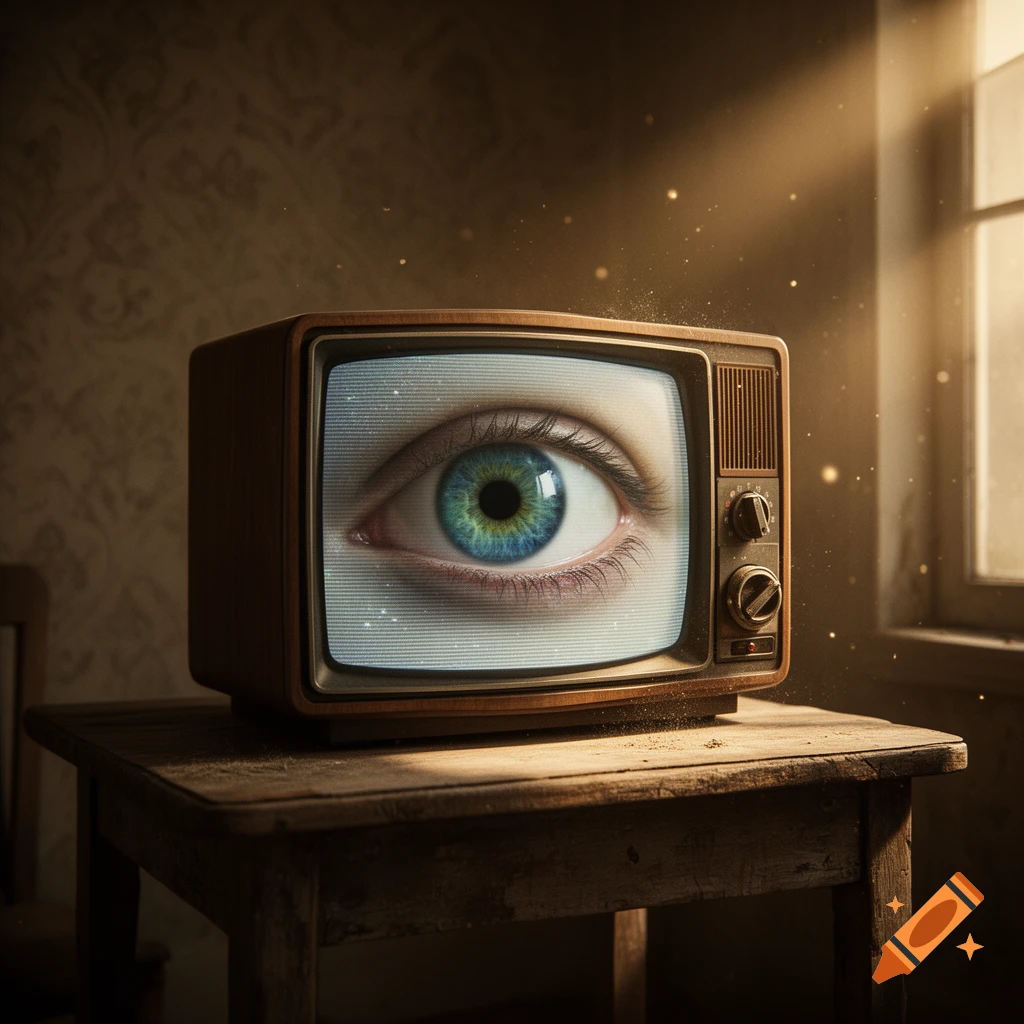 A hyperrealistic blue-green human eye is displayed on the screen of a vintage television set sitting on a wooden table in a dimly lit room.