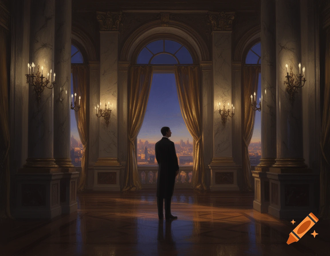 A man in a suit stands in a grand, pillared hall with golden curtains, looking out large windows at a sprawling city at dusk.