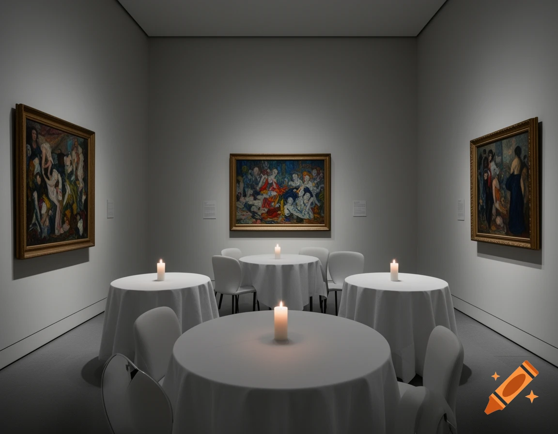 A dimly lit room resembling an art museum, with large paintings on white walls and several round tables draped in white cloths, each with a lit candle.