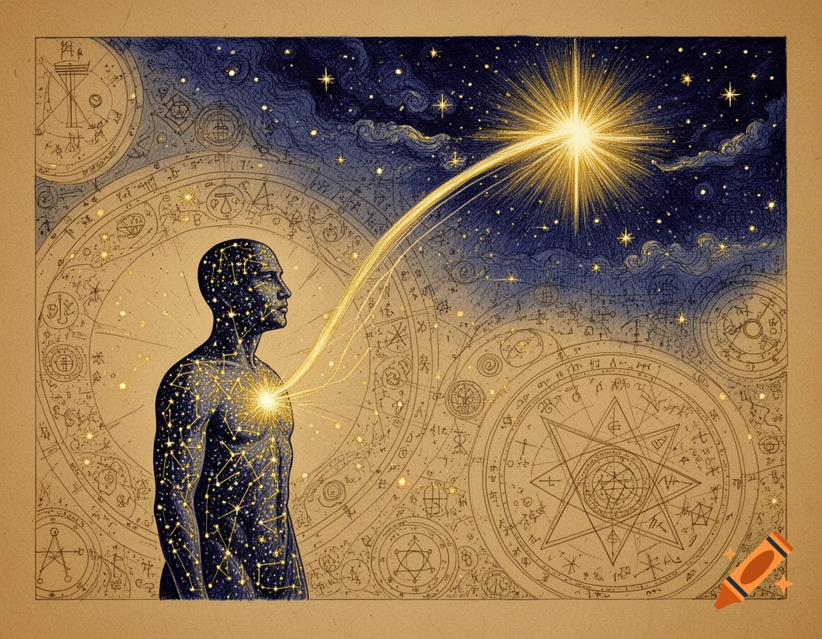 A spiritual illustration of a human figure formed from constellations, emitting light from its chest towards a radiant star in a dark, star-filled sky. The background is filled with ancient esoteric symbols and diagrams in a hand-drawn engraving style with warm parchment tones.