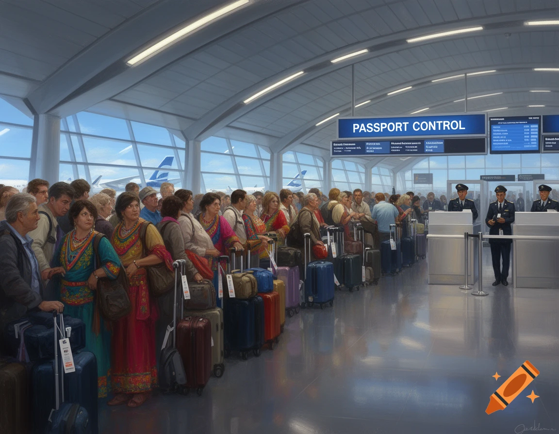 A crowd of people with luggage line up at airport passport control desks, with officers standing by, in a detailed digital painting.