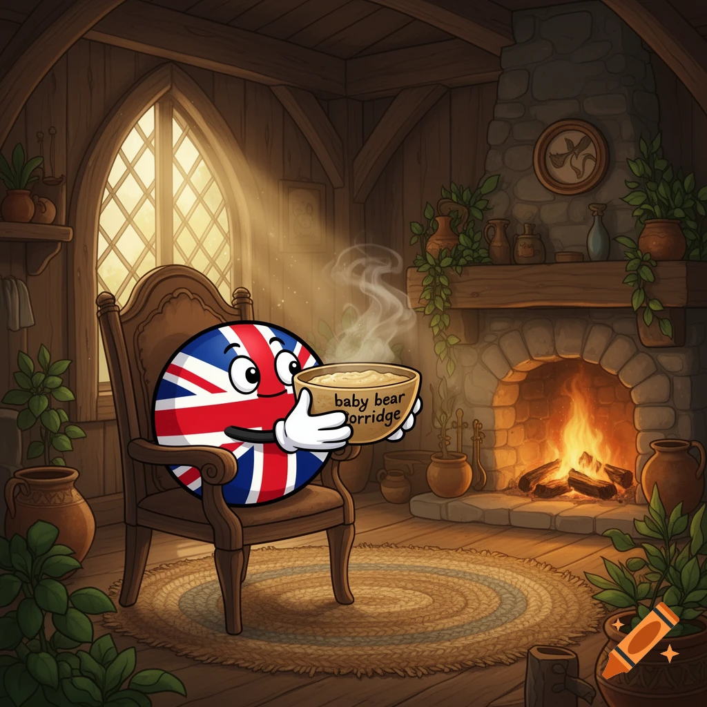 A cartoon United Kingdom flag character sits in a wooden chair by a fireplace, holding a steaming bowl labeled "baby bear porridge".