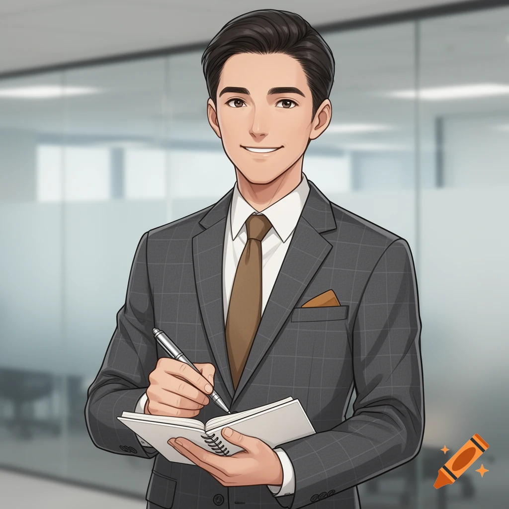 A smiling anime-style man in a grey suit holds a pen and notebook in an office.