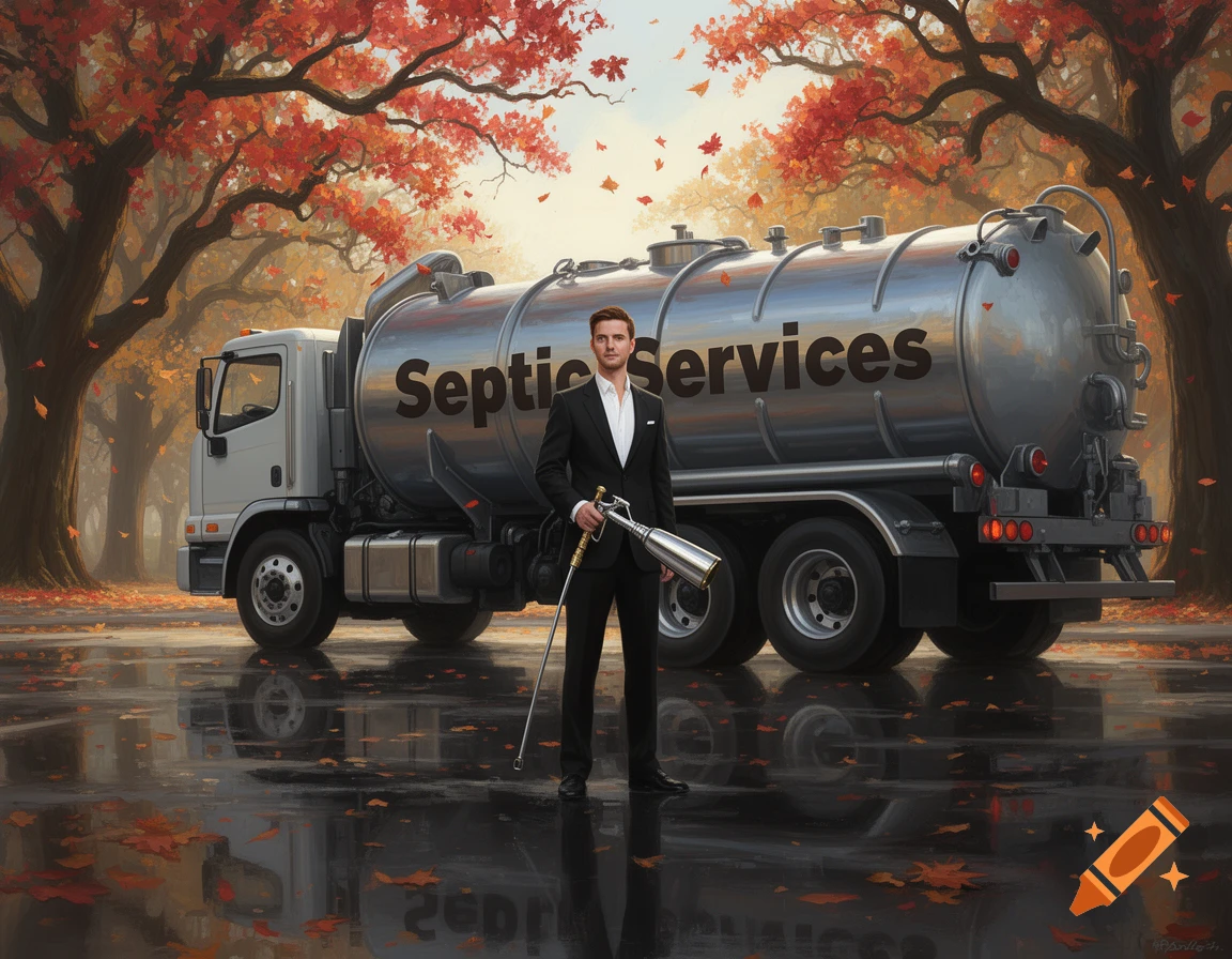 A man in a suit holds a hose in front of a shiny silver septic truck. Red and orange autumn leaves fall around them, reflecting in a wet road.
