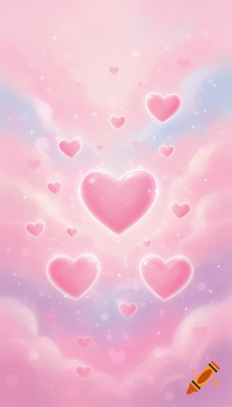 Pink, shiny hearts of various sizes float in a soft pastel pink, blue, and purple sky with sparkling lights and bokeh.