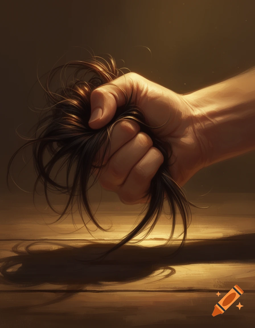 A hand clenches a fistful of dark brown hair, dramatically lit against a warm, dark background in a painterly style.