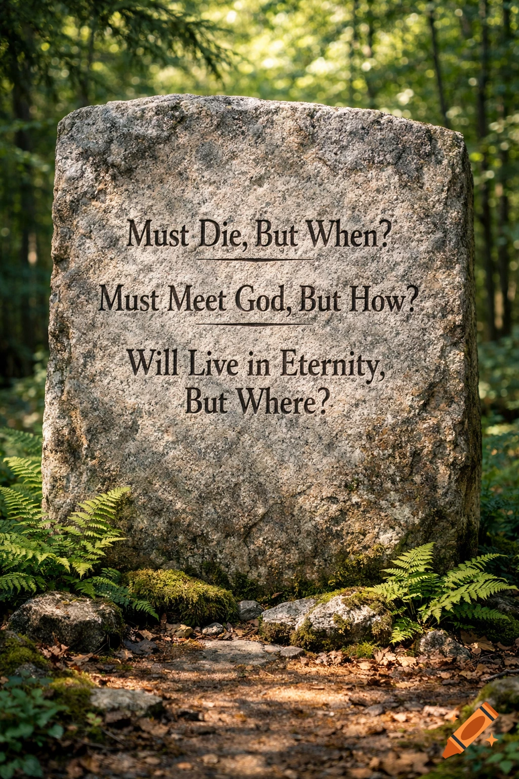 A large granite slab in a sunlit forest reads: 'Must Die, But When? Must Meet God, But How? Will Live in Eternity, But Where?'