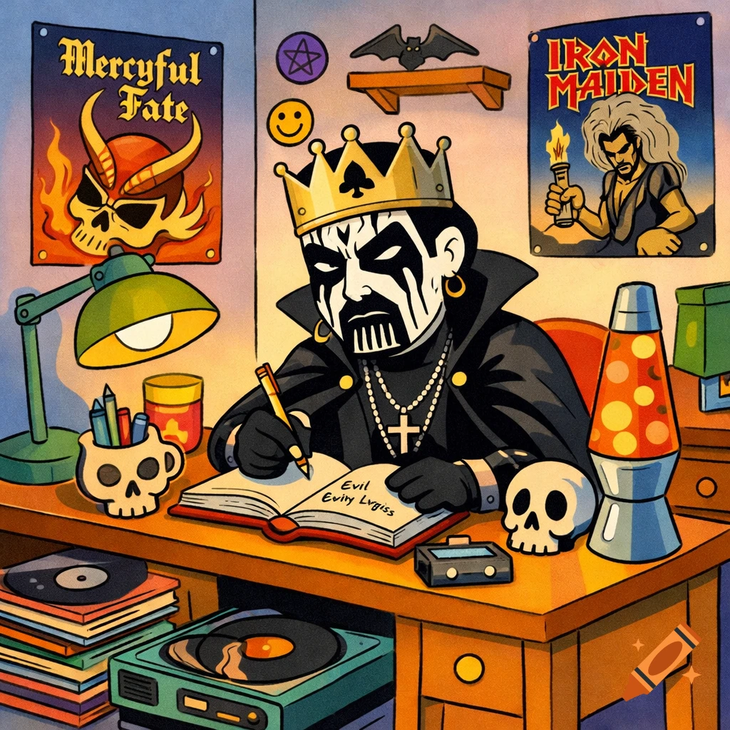Cartoon King Diamond, in corpse paint and crown, writes in a journal at a desk with metal band posters and a lava lamp.