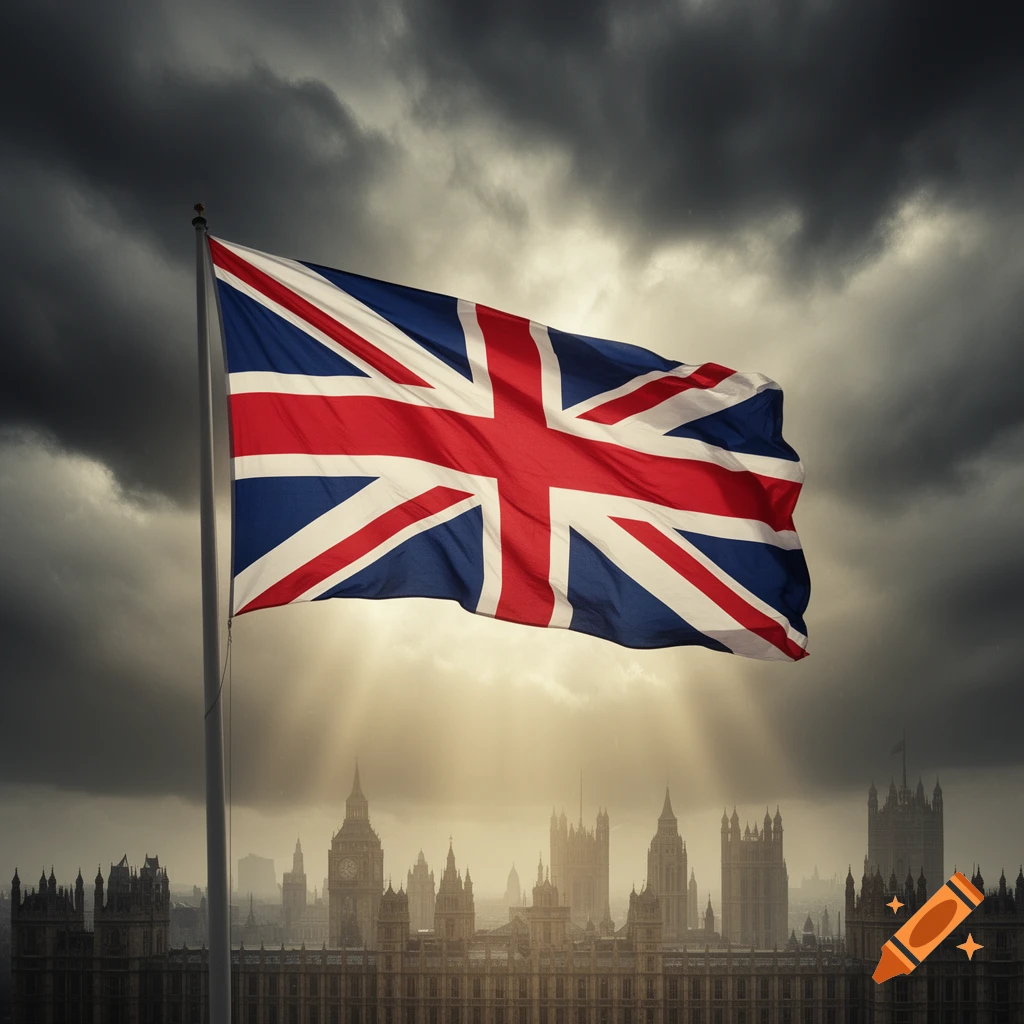 The Union Jack flag flying high above the Houses of Parliament and the London skyline under a dramatic, cloudy sky with sunbeams.