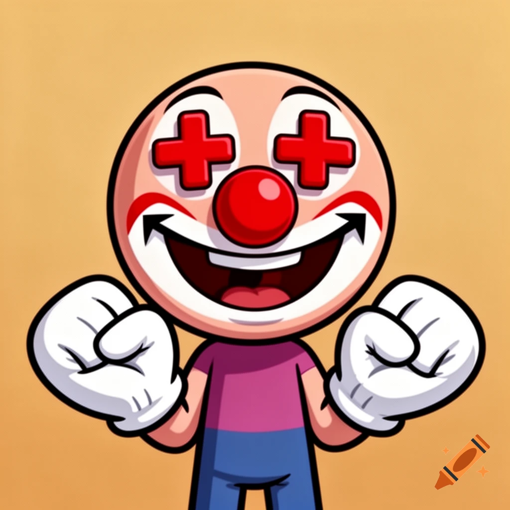 A cartoon clown character with red plus sign eyes, a red nose, a wide smile with arrows at the corners, and white gloves.