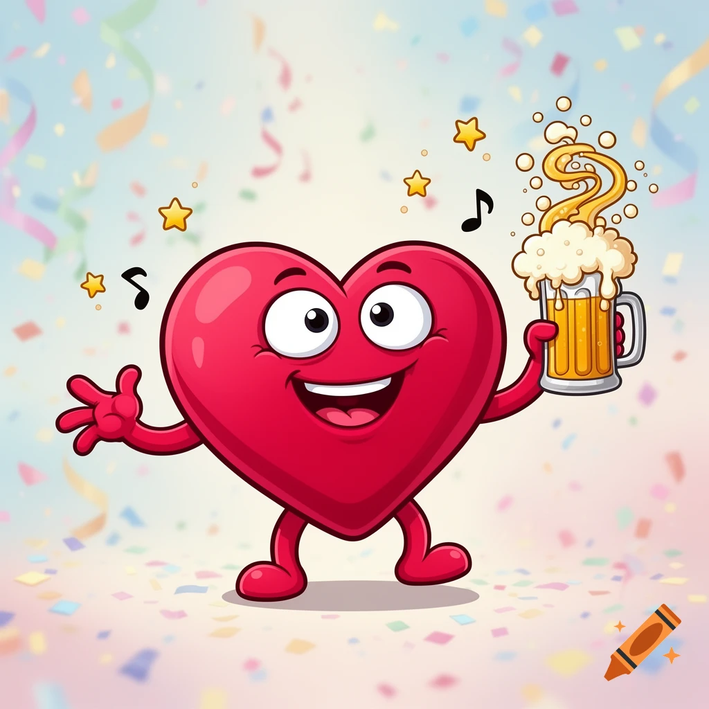 A joyful red cartoon heart with arms and legs holds a frothy beer mug amidst colorful confetti and musical notes.