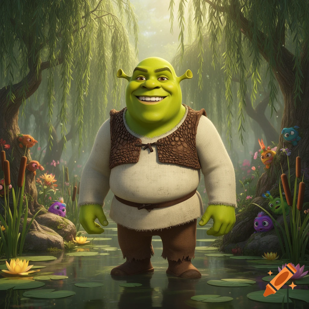 Shrek, the green ogre, smiles broadly in a vibrant, lush swamp filled with willow trees and glowing lily pads.