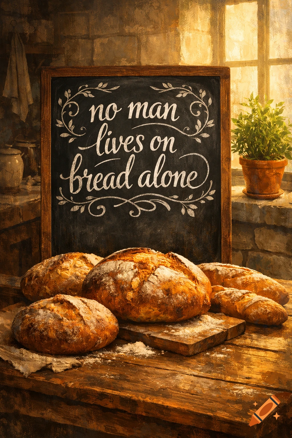 Rustic scene with several loaves of freshly baked bread on a wooden table, with a chalkboard displaying 'no man lives on bread alone' in a sunlit kitchen.